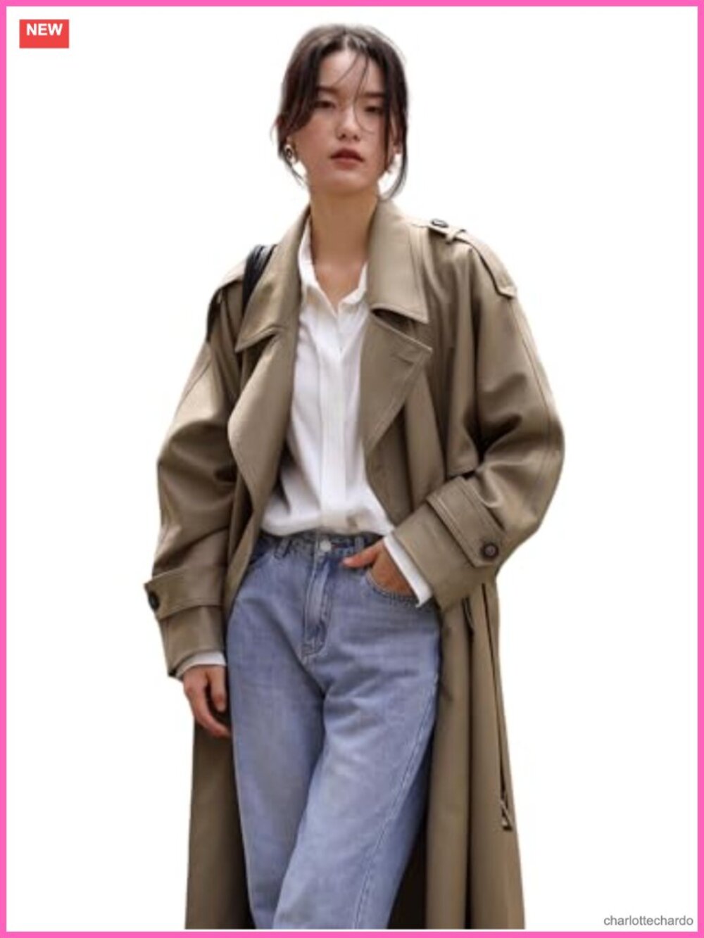 Women's Long Double-Breasted Trench Coat with Belt, 30% Cotton 70% Polyester
